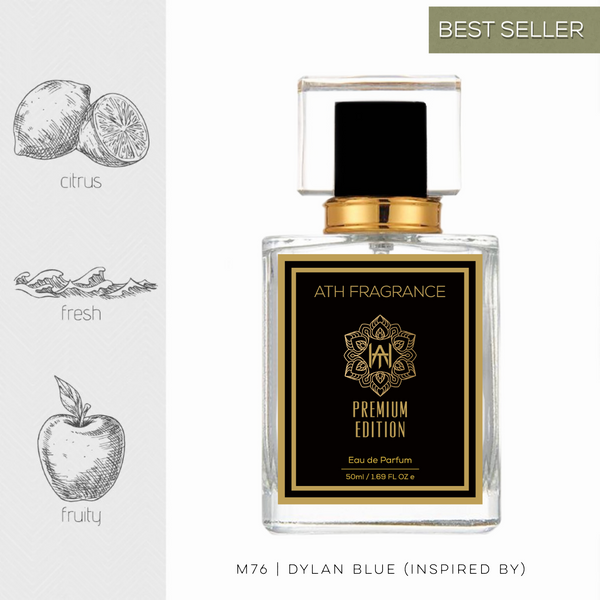 A clear glass bottle of perfume fragrance, inspired by dylan blue From ATH FRAGRANCE