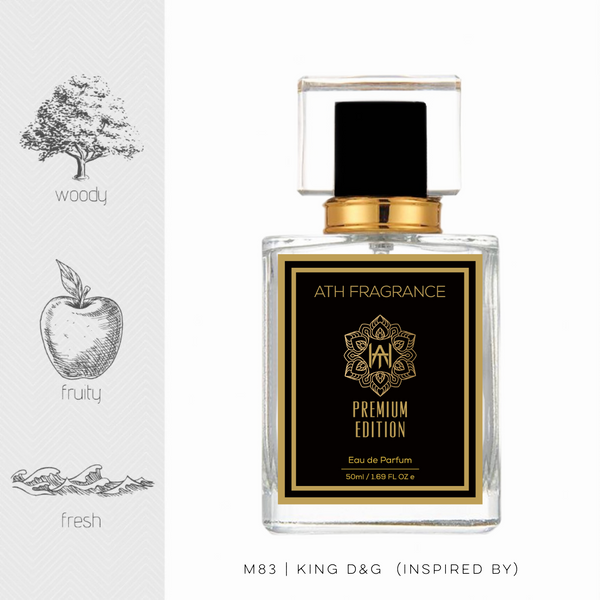 A clear glass bottle of perfume fragrance, inspired by king Dolce and Gabanna From ATH FRAGRANCE