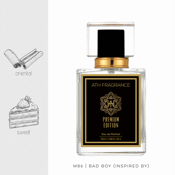 A clear glass bottle of perfume fragrance, inspired by badboy From ATH FRAGRANCE