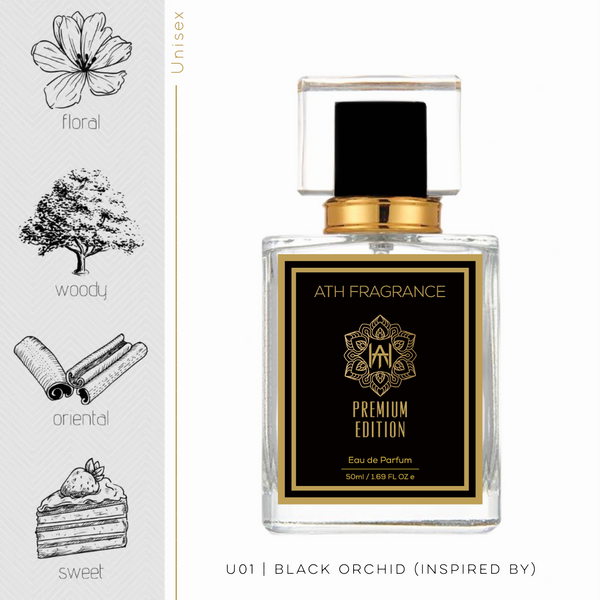 A clear glass bottle of perfume fragrance, inspired by Black Orchid From ATH FRAGRANCE