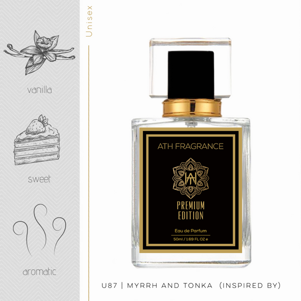A clear glass bottle of perfume fragrance, inspired by Myrrh and Tonka From ATH FRAGRANCE