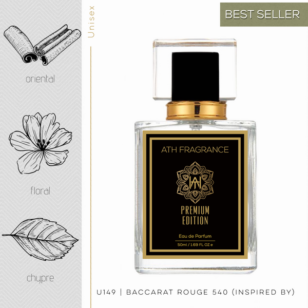 A clear glass bottle of perfume fragrance, inspired by Baccarat Rouge 540 From ATH FRAGRANCE