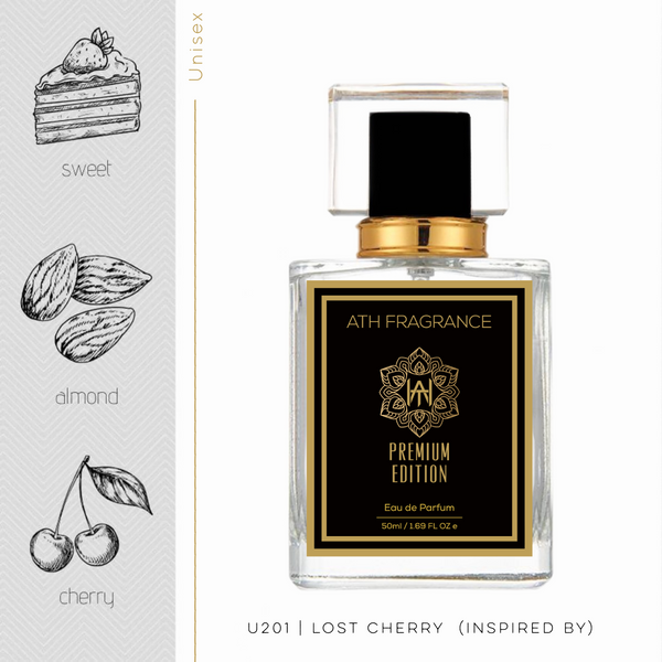 A clear glass bottle of perfume fragrance, inspired by Lost Cherry From ATH FRAGRANCE