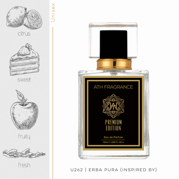 A clear glass bottle of perfume fragrance, inspired by erba pura From ATH FRAGRANCE