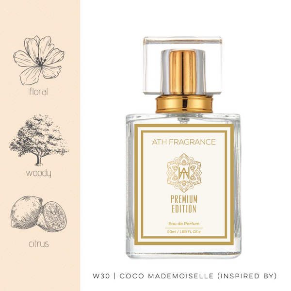 A clear glass bottle of perfume fragrance, inspired by coco mademoiselle From ATH FRAGRANCE