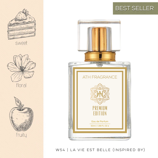 A clear glass bottle of perfume fragrance, inspired by la vie est belle From ATH FRAGRANCE