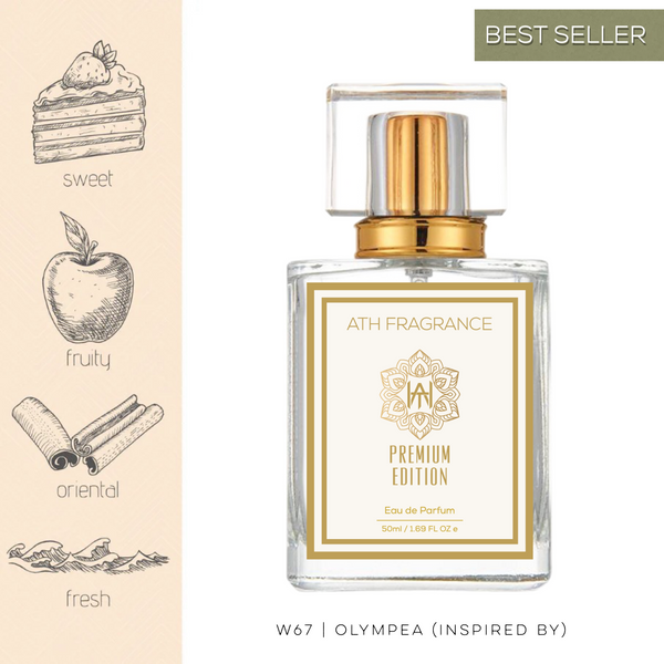 A clear glass bottle of perfume fragrance, inspired by olympea From ATH FRAGRANCE