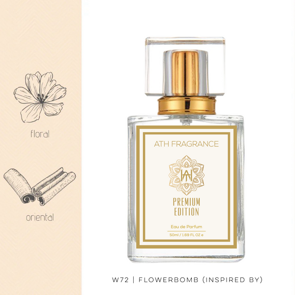 A clear glass bottle of perfume fragrance, inspired by flowerbomb From ATH FRAGRANCE