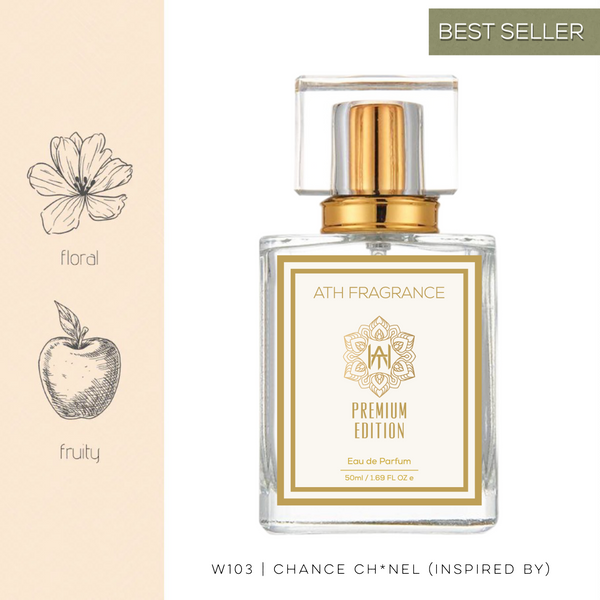 A clear glass bottle of perfume fragrance, inspired by chanel chance From ATH FRAGRANCE