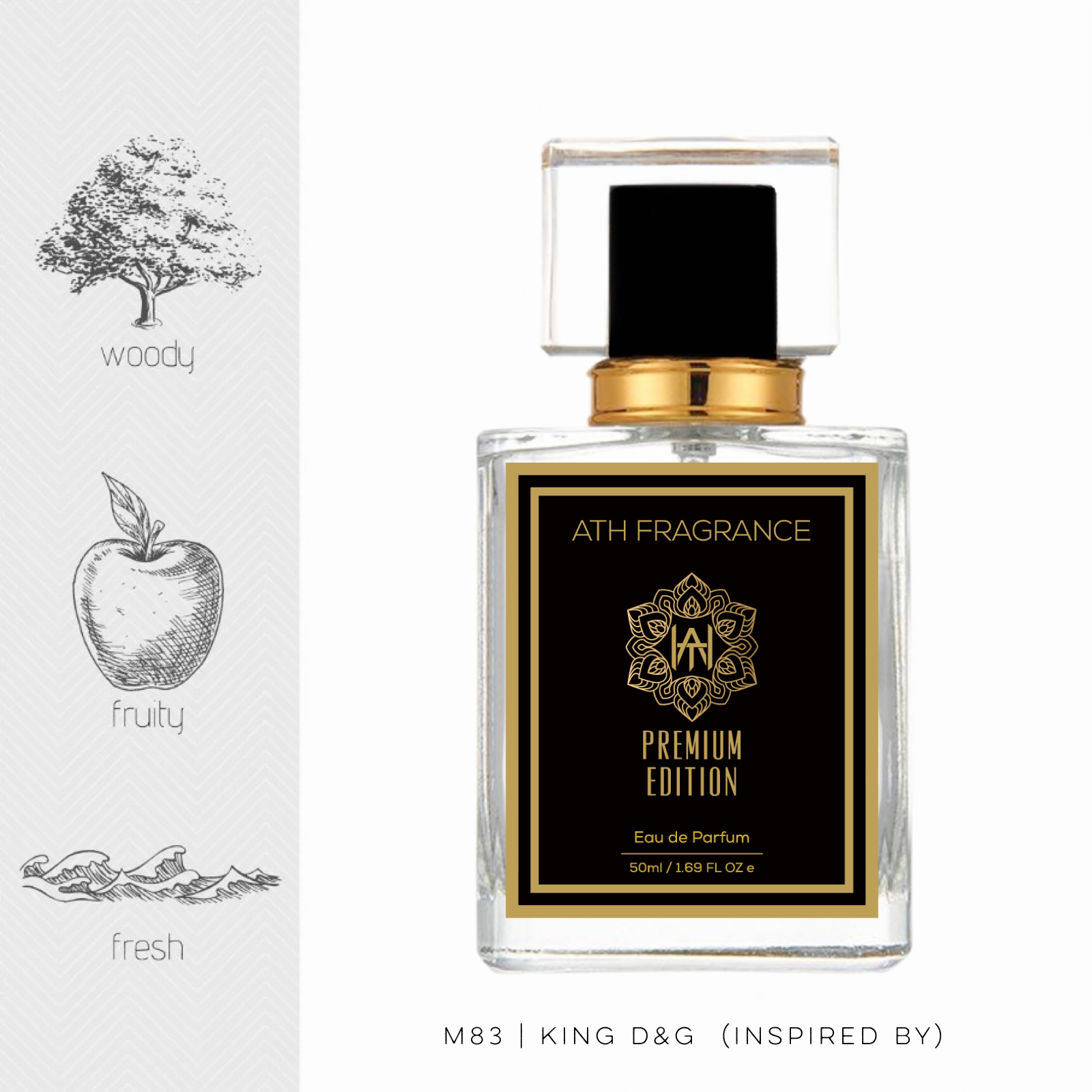 A clear glass bottle of perfume fragrance, inspired by king Dolce and Gabanna From ATH FRAGRANCE 