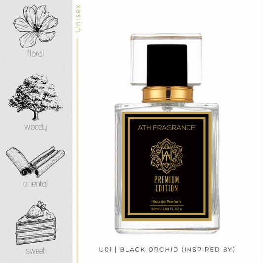 A clear glass bottle of perfume fragrance, inspired by Black Orchid From ATH FRAGRANCE 