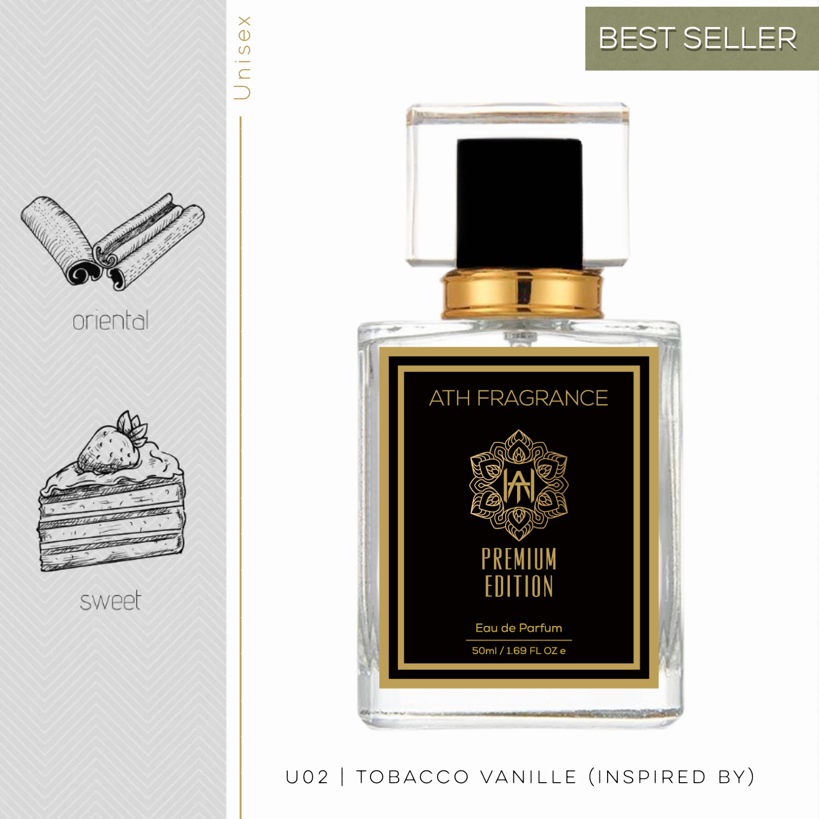 A clear glass bottle of perfume fragrance, inspired by tobacco vanilla From ATH FRAGRANCE 