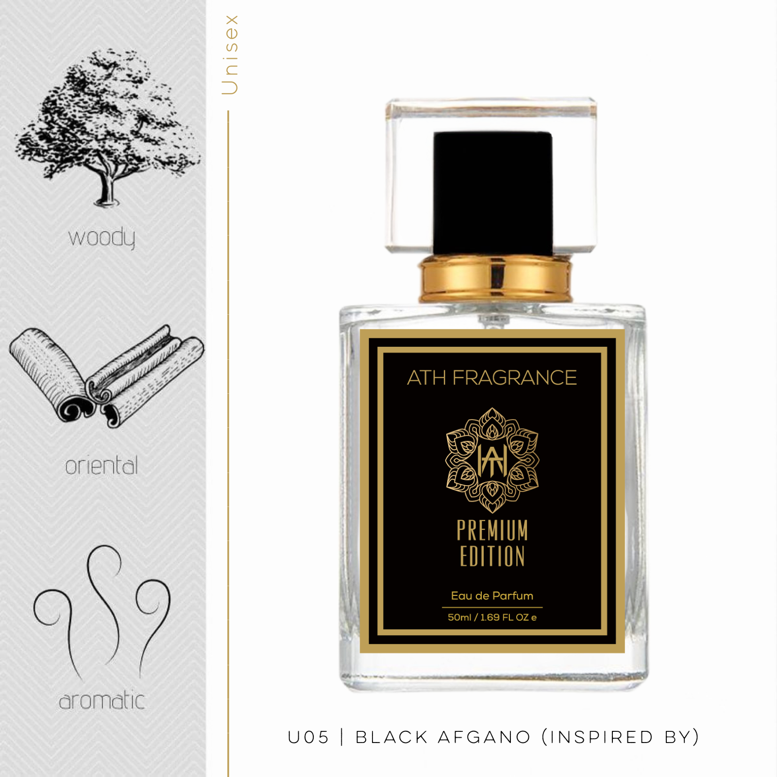 A clear glass bottle of perfume fragrance, inspired by black afgano From ATH FRAGRANCE 