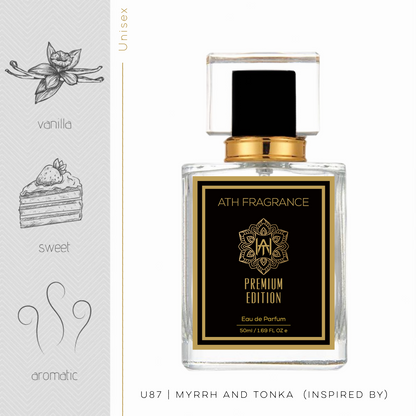 A clear glass bottle of perfume fragrance, inspired by Myrrh and Tonka From ATH FRAGRANCE 