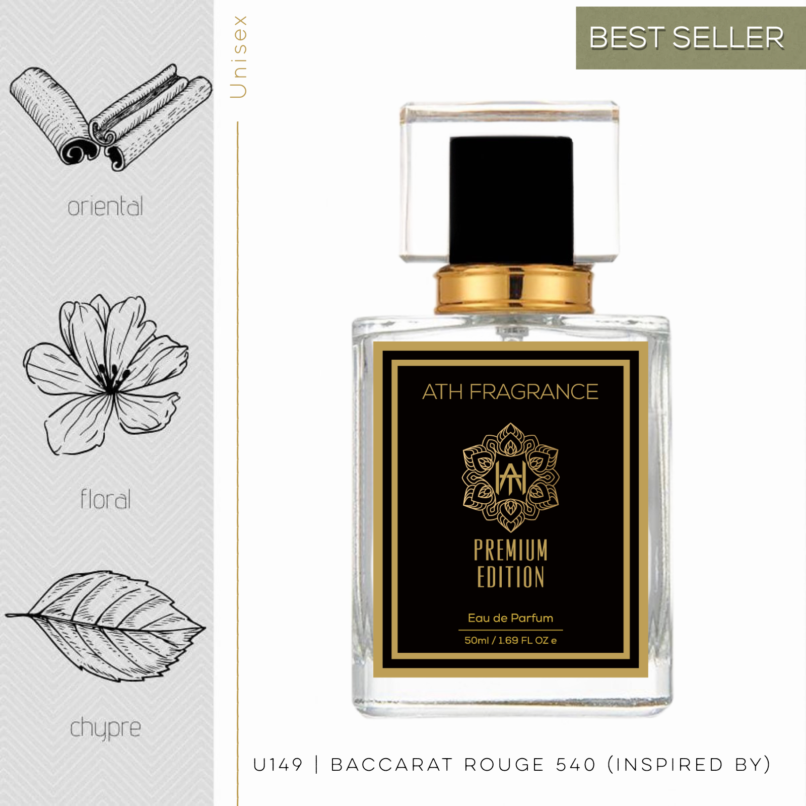 A clear glass bottle of perfume fragrance, inspired by Baccarat Rouge 540 From ATH FRAGRANCE 