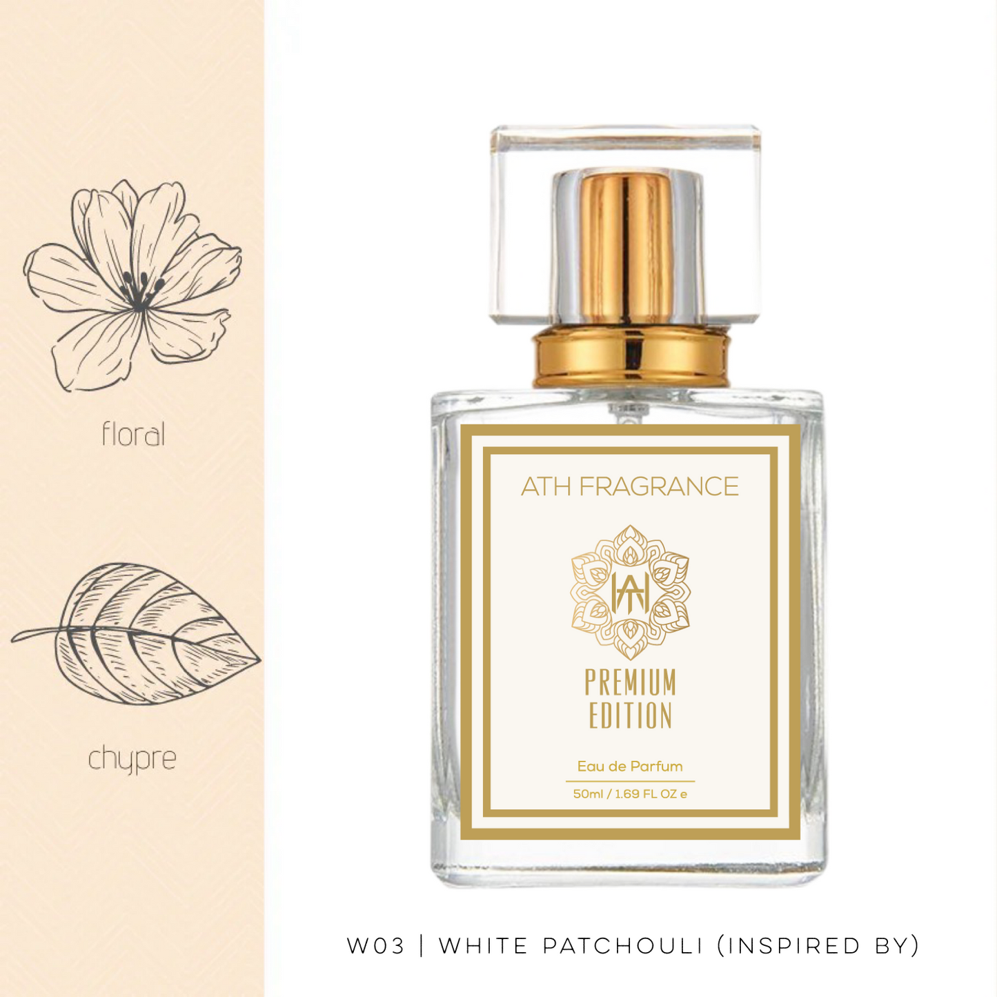 A clear glass bottle of perfume fragrance, inspired by white patchouli From ATH FRAGRANCE 