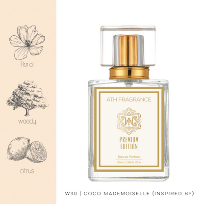 A clear glass bottle of perfume fragrance, inspired by coco mademoiselle From ATH FRAGRANCE 