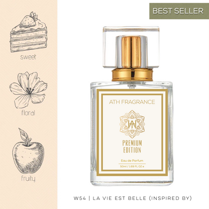 A clear glass bottle of perfume fragrance, inspired by la vie est belle From ATH FRAGRANCE 