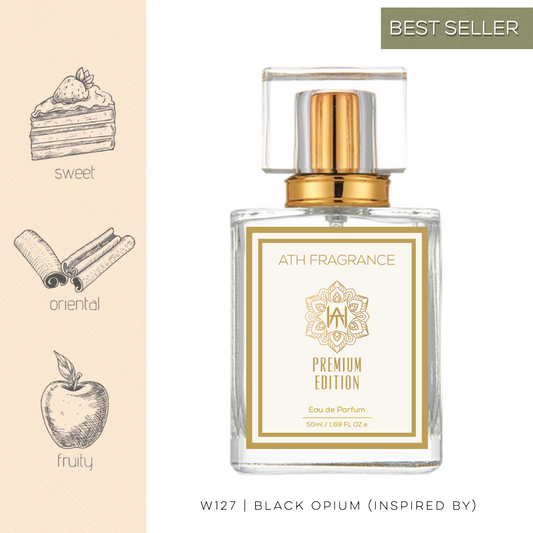 A clear glass bottle of perfume fragrance, inspired by black opium From ATH FRAGRANCE 