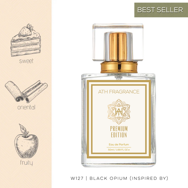 A clear glass bottle of perfume fragrance, inspired by black opium From ATH FRAGRANCE 